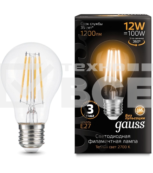 Лампа cветодиодная Gauss Filament А60 12W 1200lm 2700К Е27 LED 1/10/40