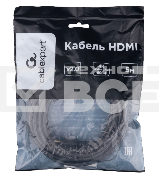 Кабель HDMI Cablexpert CC-HDMI4L-5M, 19M/19M, v2.0, Light, позол.контакты, экран, 5м, черный, пакет