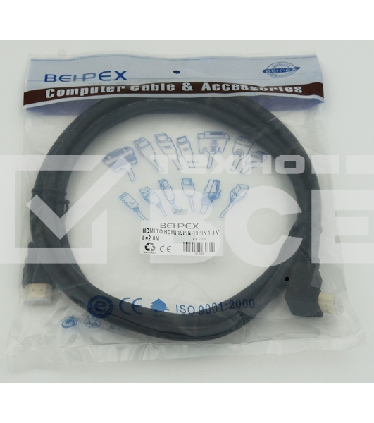 Кабель HDMI 2м, 19pin to 19pin, 1 угловой разъем, черный 