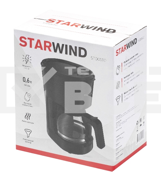 Кофеварка капельная Starwind STD0610 черный, исп. кофе - молотый, 0.6 л, 600 Вт.