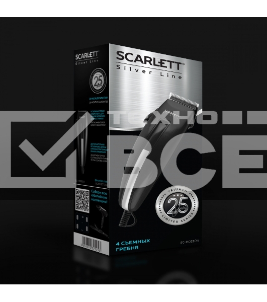 Машинка для стрижки волос Scarlett SC-HC63C11 (Silver Line)Мощность, Вт: 15; Насадки: 4 съемных гребня на 3, 6, 9, 12 мм; Питание: Сеть; Материал лезвия: нержавеющая сталь; Длина стрижки, мм: 3-12; Щетка для чистки машинки: Да; Масленка для машинки: Да; У