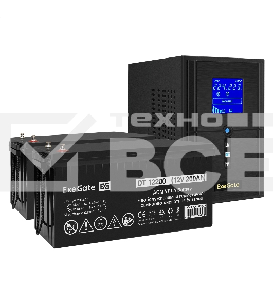 Комплект ИБП EX295987RUS + батарея 200Aч EX282991RUS 2шт (инвертор, синус, для котла) ExeGate SineTower SZ-1000.LCD.AVR.2SH.1C13.USB <1000VA/800W, чистый синусоида, LCD дисплей, AVR, 2*Schuko+1*C13, USB, линейно-интерактивный, Black> + батарея ExeGate DT 