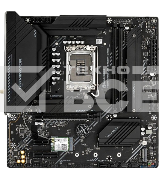 Материнская плата MAXSUN MS-Terminator B760M GKD5 WIFI (Socket 1700, mATX, 2*DDR5(96Gb), DP/HDMI, 4*SATA3, 3*M.2, 1xPCI-Ex16/1*PCIEx4/1*PCIEx1, 6*USB 2.0, 2*USB 3.2, LAN 1*2.5G, Wi-Fi 6, RTL)