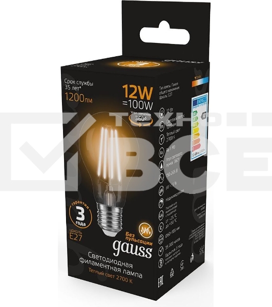 Лампа cветодиодная Gauss Filament А60 12W 1200lm 2700К Е27 LED 1/10/40
