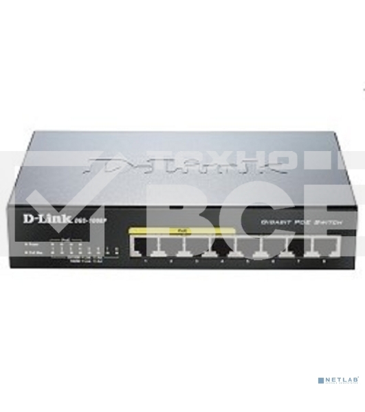 Коммутатор Unmanaged Switch with 8 10/100/1000Base-T ports (4 PoE ports 802.3af/802.3at (30 W), PoE Budget 68).8K Mac address, Auto-sensing, 802.3x Flow Control, Stand-alone, Auto MDI/MDI-X for each port, D-link Green technology, Metal case.Manual + Exter