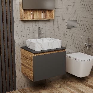 Комплект: тумба Bau Dream Blackwood графит 60, 1 ящик, раковина прямоугольная BAU Cerama 48х37, мрамор, смеситель Hotel Dream, нерж сталь