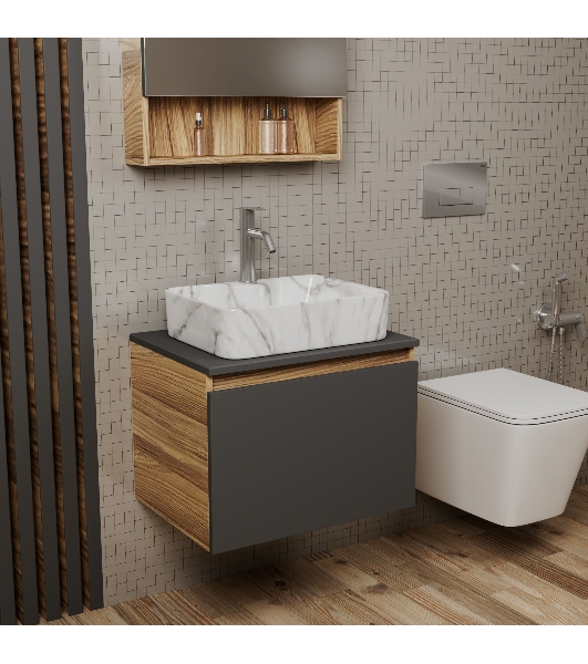 Комплект: тумба Bau Dream Blackwood графит 60, 1 ящик, раковина прямоугольная BAU Cerama 48х37, мрамор, смеситель Hotel Dream, нерж сталь