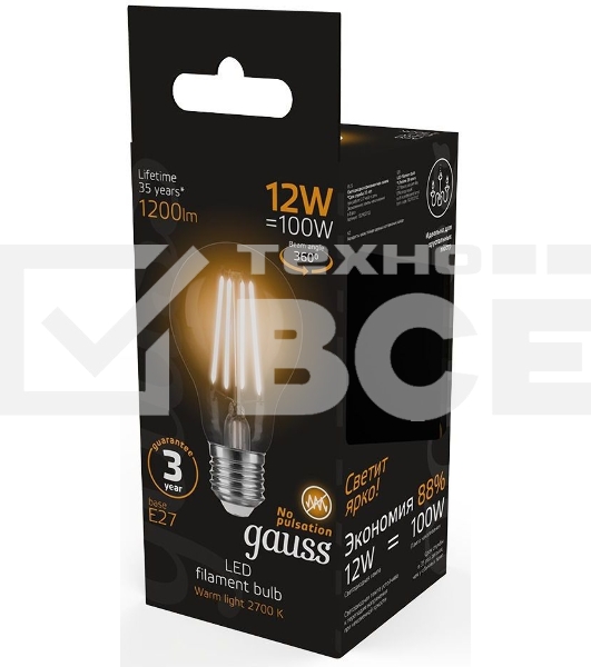 Лампа cветодиодная Gauss Filament А60 12W 1200lm 2700К Е27 LED 1/10/40