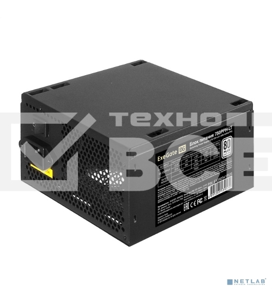 Блок питания 750W ExeGate 80 PLUS 750PPH-LT-OEM (ATX, APFC, КПД 82% (80 PLUS), 12cm fan, 24pin, 2x(4+4)pin, 4xPCI-E, 8xSATA, 4xIDE, black, RTL)
