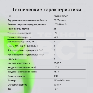 Коммутатор Digma DSP708G-2S-T135 (L2+) 8x1Гбит/с 2SFP 8PoE 8PoE+ 135W управляемый