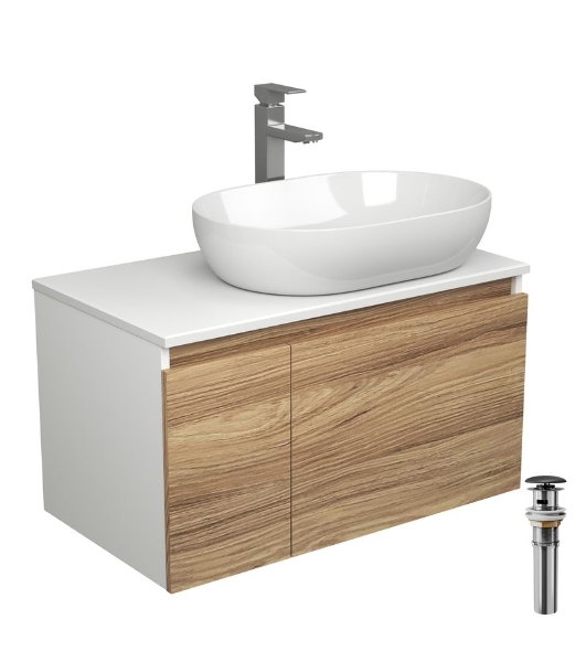 Комплект для ванной, 4 предмета (Тумба подвесная Bau Blackwood 80 + Раковина BAU 59х40 + Смеситель высокий Hotel Still, нерж. сталь, выпуск черный)