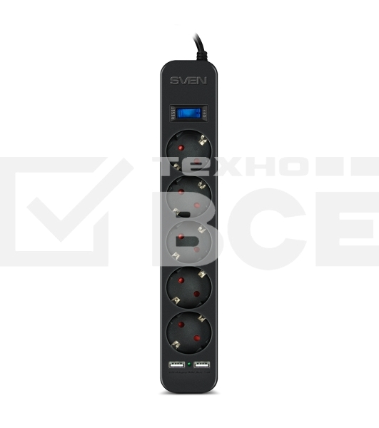 Фильтр SVEN SF-05LU 1,8 м (5 евро розеток,2*USB(2,4А)) черный, цветная коробка Surge protector SVEN SF-05LU 1,8 м (5 евро розеток,2*USB(2,4А)) черный, цветная коробка