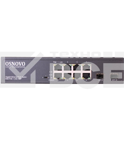 Коммутатор OSNOVO Гигабитный PoE коммутатор на 10 портов, 8 *10/100/1000 Base-T PoE, 2*SFP 1000 Base-T, PoE на порт до 30W, суммарно до 150W