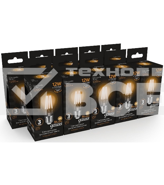 Лампа cветодиодная Gauss Filament А60 12W 1200lm 2700К Е27 LED 1/10/40