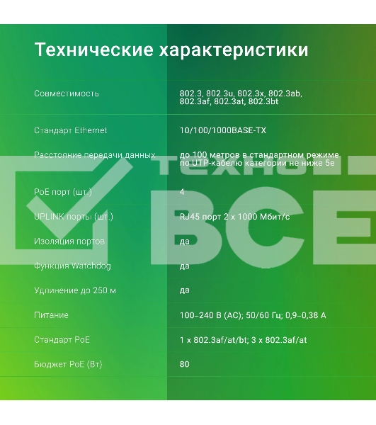 Коммутатор Digma DSP204G-2G-T80 (L2) 6x1Гбит/с 4PoE 4PoE+ 1PoE++ 80W неуправляемый