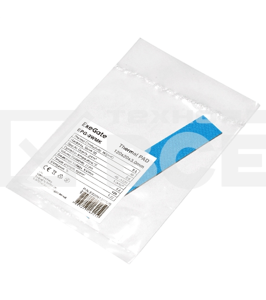 Термопрокладка ExeGate EPG-9WMK (20x120x3.0 mm, 8,5 Вт/ (м•К), теплопроводящая клейкая двухсторонняя)