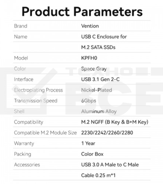 Корпус для SSD Vention USB 3.1 Gen 2-C M.2 NGFF (B-Key/B&M Key) Серый