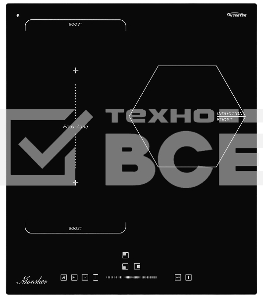 Варочная поверхность Monsher/ Варочная поверхность Monsher, индукция, инвертер, слайдерное управление, автоматическое отключение, блокировка панели управления, индикация остаточного тепла, 9 уровней мощности, Stop and Go, Booster, таймер, цвет черный