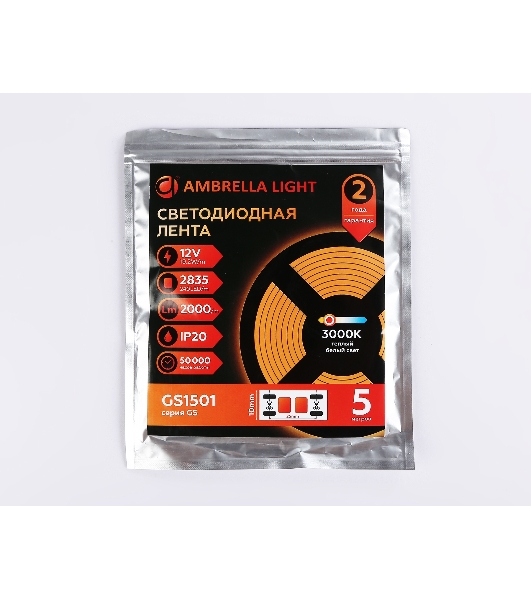 Светодиодная лента Ambrella light GS1501 2835 240Led/ 19.2W m/ 12V IP20 3000K/ 5000*10*1.2mm (2 конт.)