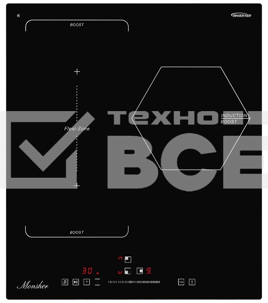 Варочная поверхность Monsher/ Варочная поверхность Monsher, индукция, инвертер, слайдерное управление, автоматическое отключение, блокировка панели управления, индикация остаточного тепла, 9 уровней мощности, Stop and Go, Booster, таймер, цвет черный