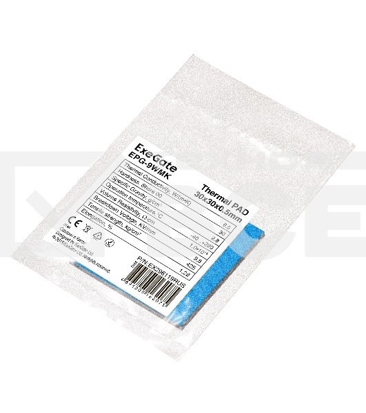 Термопрокладка ExeGate EPG-9WMK (30x30x0.5 mm, 8,5 Вт/ (м•К), теплопроводящая клейкая двухсторонняя)