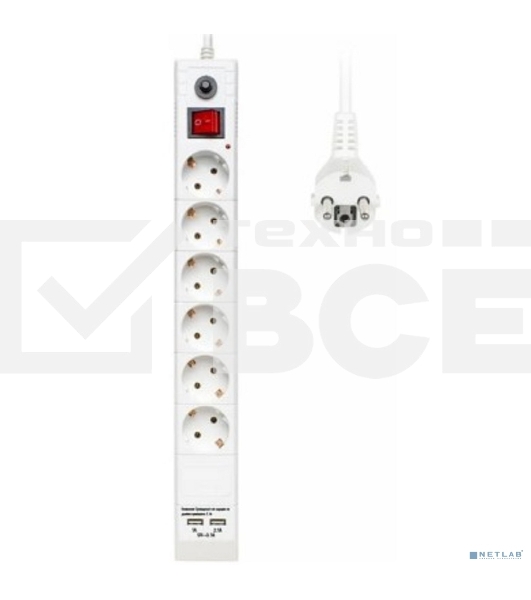 Сетевой фильтр Buro BU-SP3_USB_2A-W 3м (6 розеток) белый (коробка)