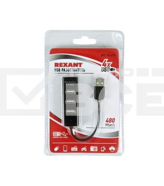 Разветвитель USB на 4 порта черный Rexant
