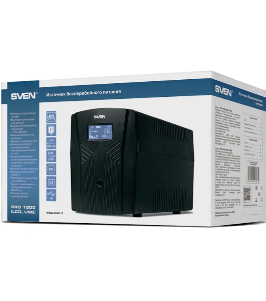 Источник бесперебойного питания UPS Sven Pro 1500 (1000 WA, LCD, USB, RG-45, 3 евро розетки)