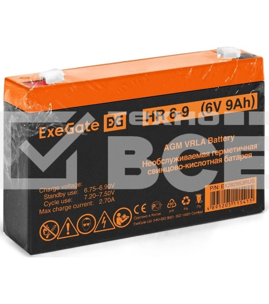 Батарея ExeGate HR 6-9 (6V 9Ah, 634W), клеммы F2