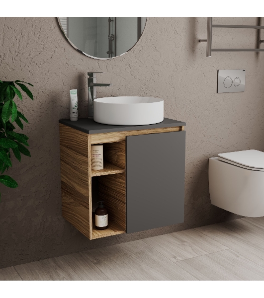 Тумба Bau Dream Blackwood 60 правая, графит, раковина BAU Dream круглая D41, смеситель для раковины высокий Hotel Still, нержавеющая сталь