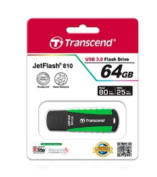 Флешка USB Transcend JetFlash 810 (TS64GJF810), 64Gb, USB 3.0, R/W 100/40, черный/зеленый