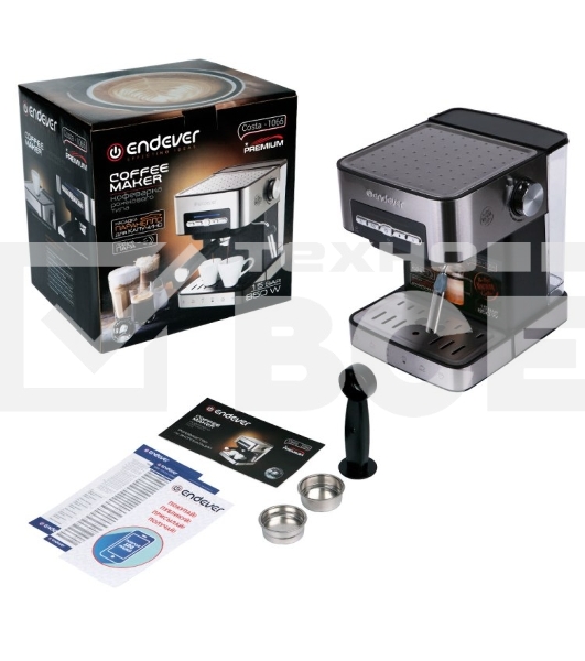 Кофеварка рожковая Endever Costa-1065 серебристый, исп. кофе - молотый, 1.6 л, 1000 Вт, 20 бар.
