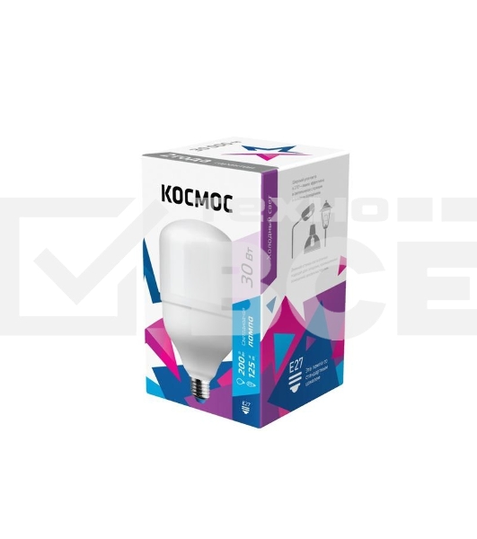 Лампа светодиодная высокомощная LED 30Вт E27 6500К (переходник с E27 на E40 в комплекте) Космос LksmHWLED30WE2765