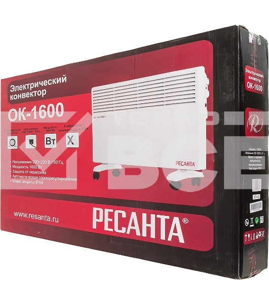 Конвектор Ресанта ОК-1600 белый, 1600 Вт, 20 м2, термостат