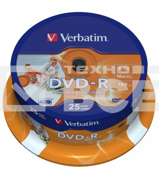 Диск DVD-R Verbatim 4.7Gb 16x Cake Box (25шт) Printable (43538)