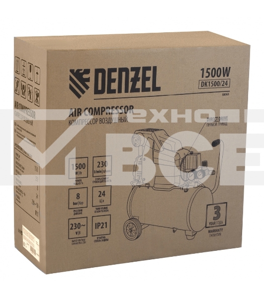 Компрессор Denzel воздушный DK1500/24,Х-PRO 1,5 кВт, 230 л/мин, 24 л 58063