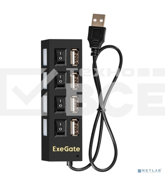 Хаб USB (концентратор) ExeGate EX293977RUS DUB-42SW (кабель-адаптер USB2.0 --> 4xUSB2.0, кнопки включения/отключения для каждого порта, Plug&Play, черный)