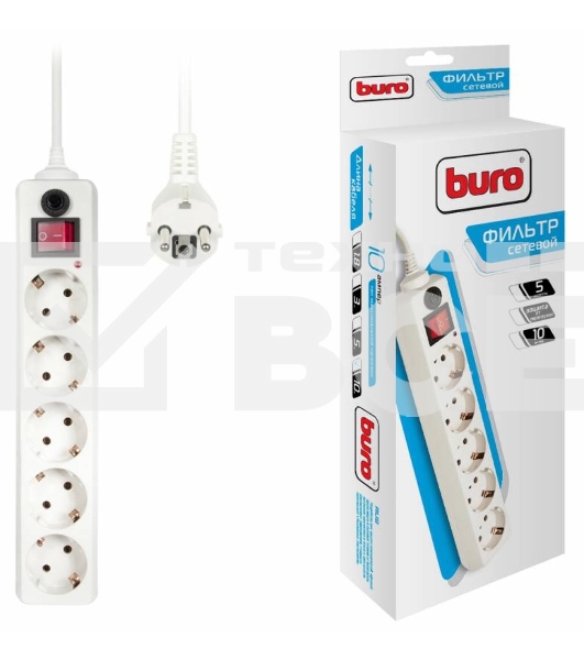 Сетевой фильтр Buro 500SH-10-W 10м (5 розеток) белый (коробка)