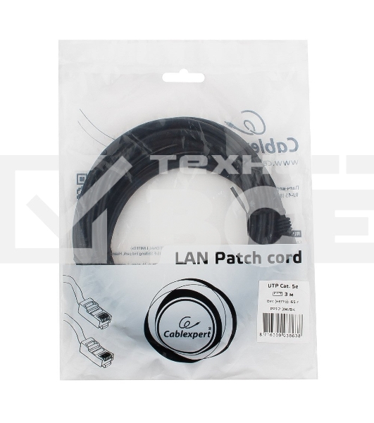 Патч-корд UTP Cablexpert PP12-3M/BK 5e, 3м, литой, многожильный (черный)