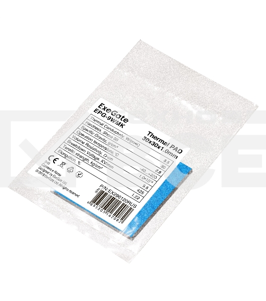 Термопрокладка ExeGate EPG-9WMK (30x30x1.0 mm, 8,5 Вт/ (м•К), теплопроводящая клейкая двухсторонняя)