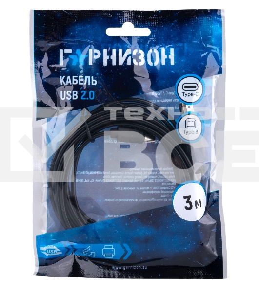 Кабель USB2.0 Гарнизон GCC-USB2-CMBM-3M, Type-C/BM, медь, 3м, черный, пакет