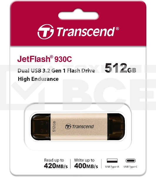 Флеш диск Transcend USB 512GB JETFLASH USB3.2, TLC, High Speed, Type-C и Type A (420/400 МБ/с)