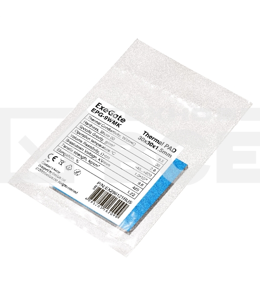 Термопрокладка ExeGate EPG-9WMK (30x30x1.5 mm, 8,5 Вт/ (м•К), теплопроводящая клейкая двухсторонняя)