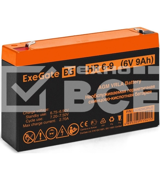 Батарея ExeGate HR 6-9 (6V 9Ah, 634W), клеммы F2