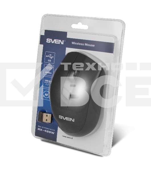 Мышь беспроводная SVEN RX-425W черный, 1600 dpi, радиоканал, USB, кнопки - 6