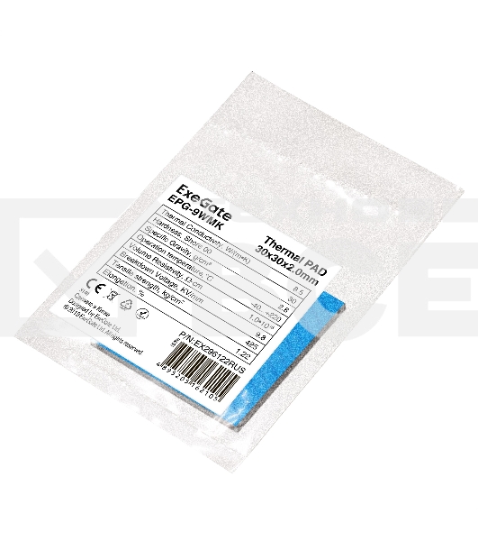 Термопрокладка ExeGate EPG-9WMK (30x30x2.0 mm, 8,5 Вт/ (м•К), теплопроводящая клейкая двухсторонняя)