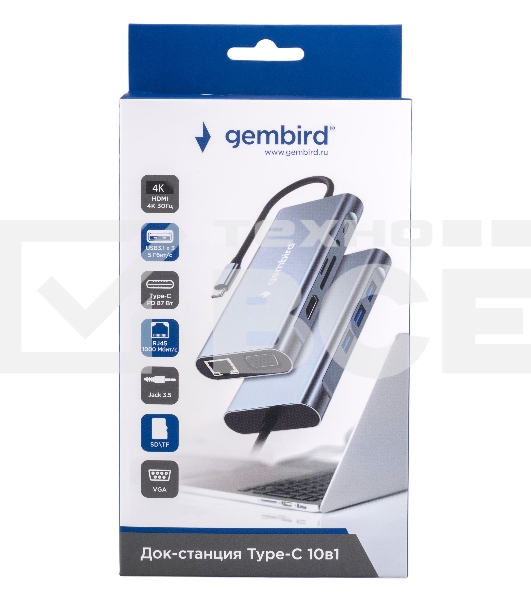 Док-станция Type-C Gembird UHB-D4, 10в1: 3xUSB3.1, Type-C PD87W, Jack 3.5, SD/TF, HDMI, RJ45, VGA, кабель 15 см, алюминий