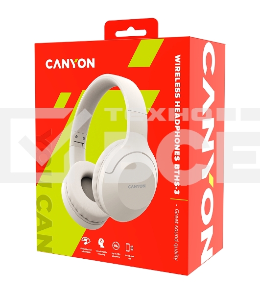 Гарнитура CANYON BTHS-3, Bluetooth headset,with microphone, BT V5.1 JL6956, battery 300mAh, Type-C charging plug, PU material, size:168*190*78mm, charging cable 30cm and audio cable 100cm, Beige