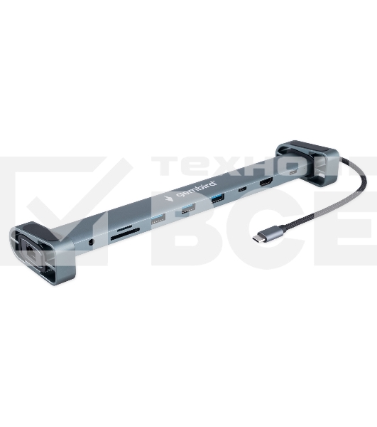 Док-станция Type-C Gembird UHB-D5, 10в1: 3xUSB3.1, Type-C PD87W, Jack 3.5, SD/TF, HDMI, RJ45, Type-C, кабель 14см, алюминий