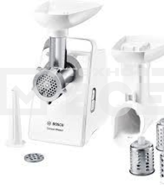Мясорубка Bosch MFW3X13W CompactPower,2000Вт, 2,5 кг/мин, цвет: белый, механическая защ ита от перегрузки, 2 скор., реверс.Комплект: 2 диска для фарша, насадка для колбасок, насадка-терка (3 барабана)